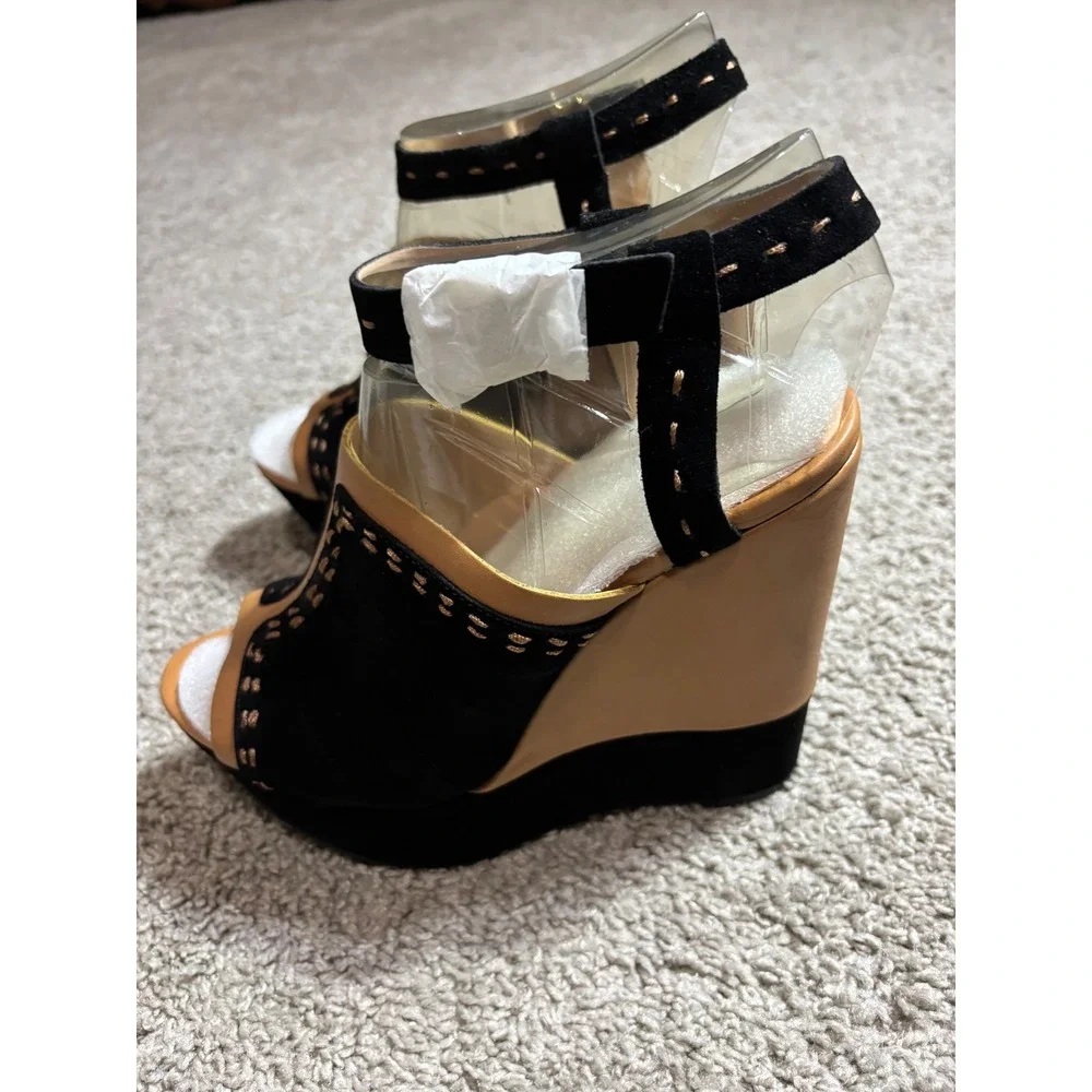Sole Society Daniella Black Luggage Suede Leather Whipstitch Wedge Sandals 6.5M